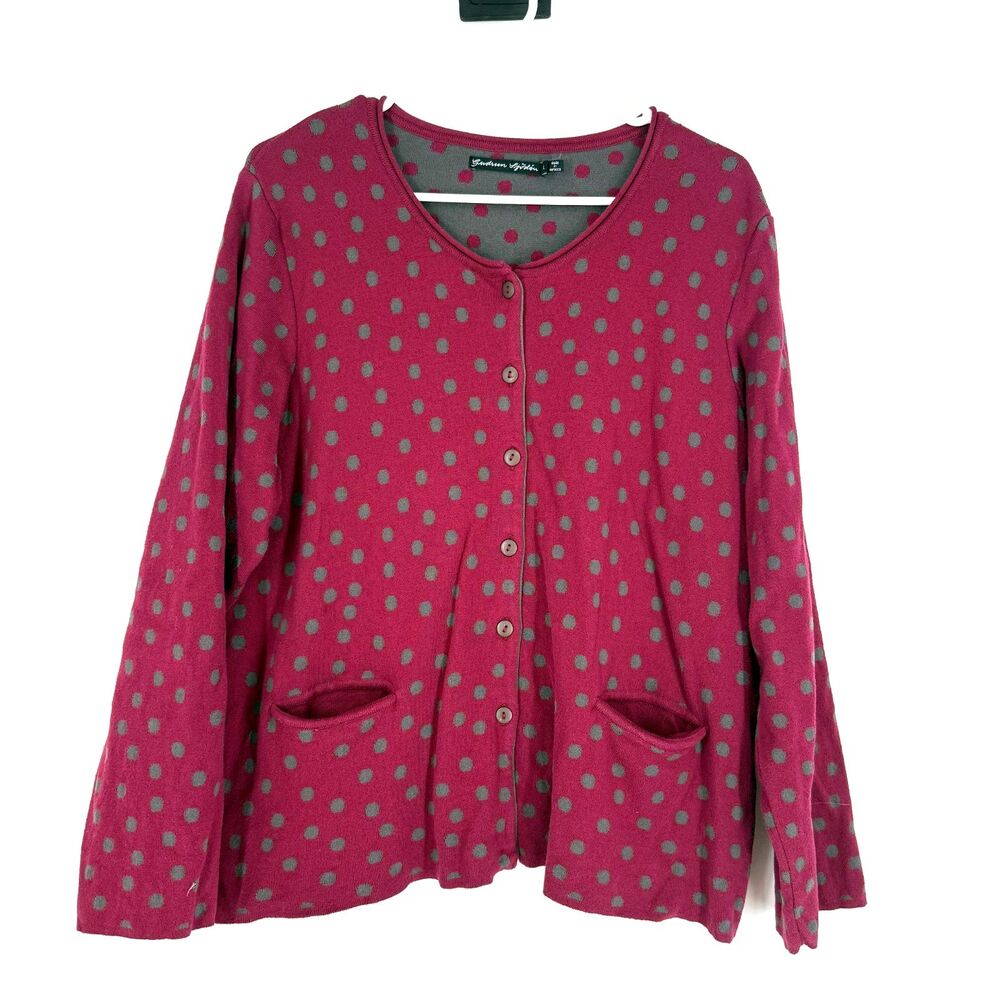 Gudrun Sjoden Organic Cotton Button Front Cardigan Sweater Polka Dot Pink Size L